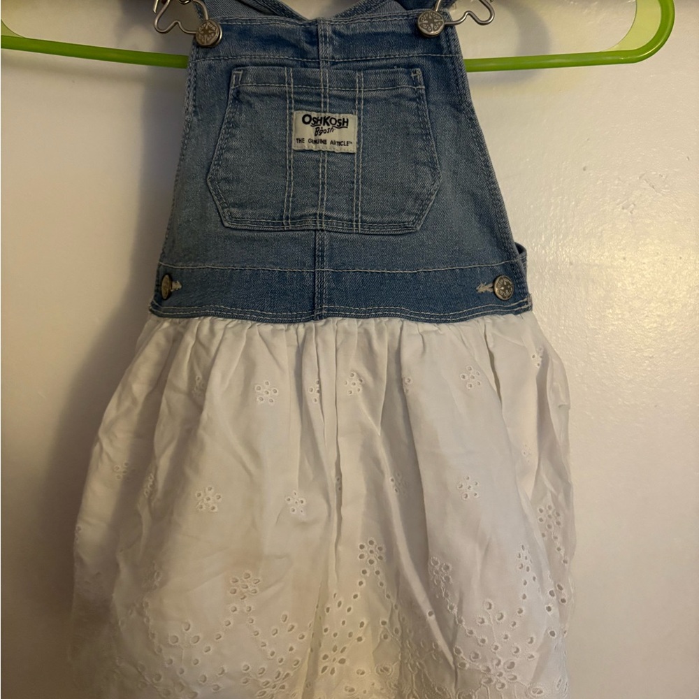 OshKosh B'gosh Blue Denim and White Eyelet Overall Dress
